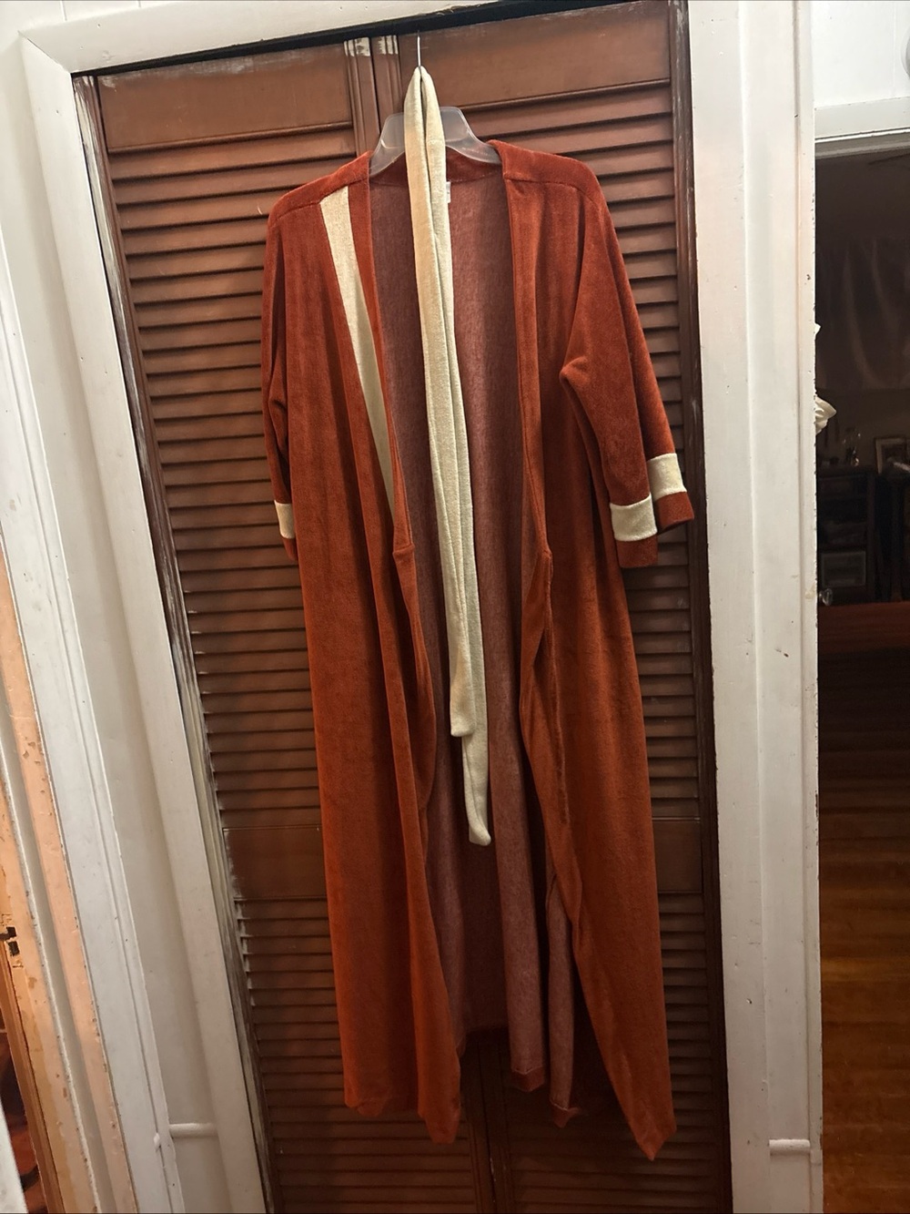 Long Open-Front Rust Coatigan with Cream Trim